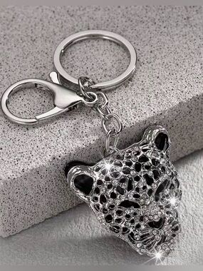 Crystal Leopard Head Keychain - Silver and Black